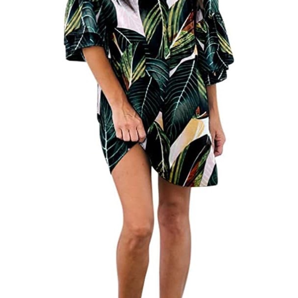 Tropical Print Dress with Ruffle Sleeves - Picture 2 of 10